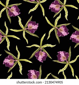 Watercolor style illustration, green violet orchids flowers seamless pattern. Decorative background in rustic boohoo style for wedding invite, fabric.	
