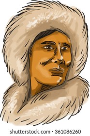 Watercolor style illustration of a male Eskimo Inuit bust wearing a hooded simple fur parka set on isolated white background.