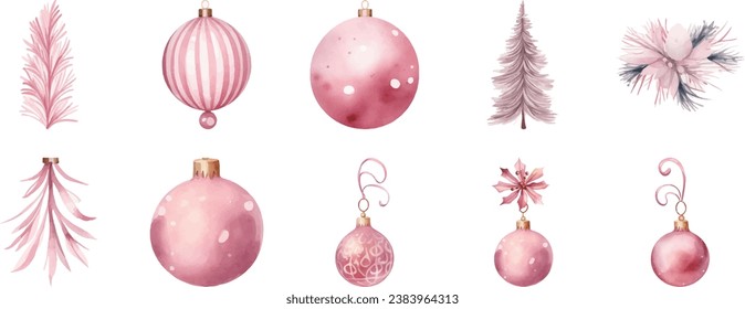 Watercolor style illustration of pink Christmas ornaments