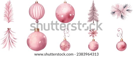 Watercolor style illustration of pink Christmas ornaments