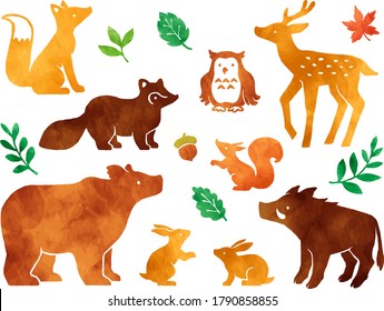 Watercolor style illustration set of forest animals and leaves (Deer, Rabbit, boar, bear, Fox, Raccoon dog, Owl)