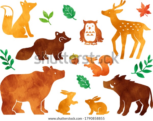 森の動物と葉 鹿 ウサギ イノシシ 熊 キツネ タヌキ フクロウ の水彩イラストセット のベクター画像素材 ロイヤリティフリー