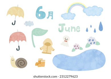 Watercolor style illustration set for rainy days.