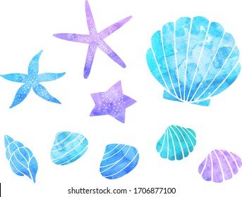 Watercolor style illustration set of shellfish and starfish