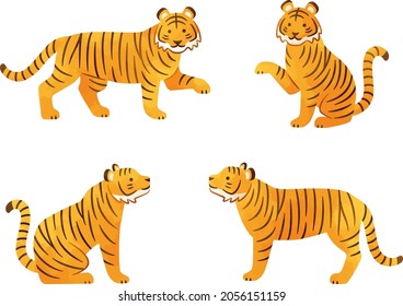 Watercolor style illustration set of sitting and standing tigers