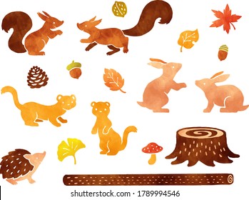 Watercolor style illustration set small animals in the forest   autumn leaves
(Squirrel  Rabbit  Hedgehog  Weasel)