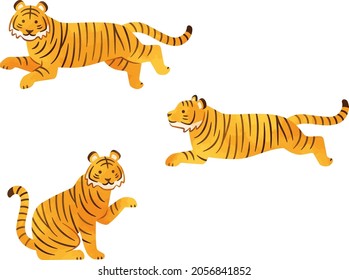 Watercolor style illustration set of tigers (running, sitting pose)