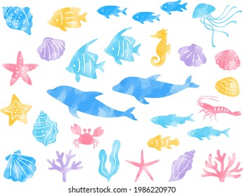 Watercolor style illustration set of various sea creatures