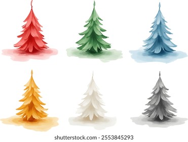 Watercolor style illustration showcases six distinct Christmas trees in various colors.
