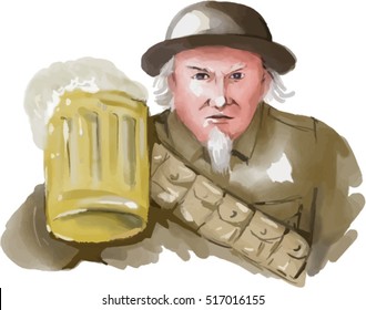 Watercolor style illustration of Uncle Sam as soldier wearing World War one 1 uniform toasting a mug of beer viewed from front on isolated white background.