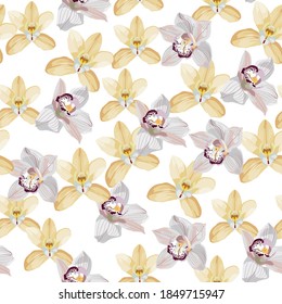 Watercolor style illustration, white yellow orchid flowers seamless pattern. Decorative background in rustic boohoo style for wedding invite, fabric.	