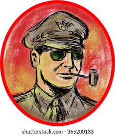 Watercolor style illustration of a world war 2 II general officer smoking a corn cob pipe set inside oval shape on isolated background. 