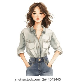 Ilustração em aquarela de uma jovem mulher com cabelo castanho no comprimento do ombro, vestindo uma camisa cinza-claro e jeans azul-escuro.