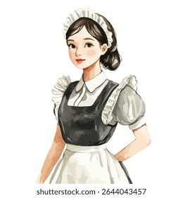 A watercolor style illustration of a young woman in a maid uniform with a ruffled cap, looking forward with her hand on her hip.
