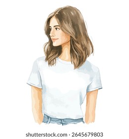 Ilustração em estilo aquarela de uma jovem mulher com cabelo castanho, vestindo uma camiseta branca e calções jean azuis, olhando para o lado.