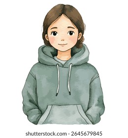 A watercolor style illustration of a young woman with brown hair wearing a gray hoodie with her hands in the pockets.