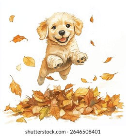 Watercolor style image of a golden retriever puppy mid-leap over a pile of colorful autumn leaves, with a happy, smiling expression.