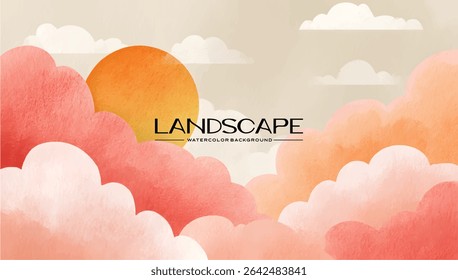 Paisagem estilo aquarela de nuvens macias e sol.