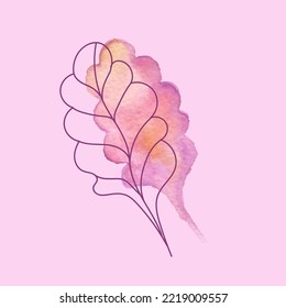 Watercolor Style Leaves with vector Line. Cute Pastel Color Floral Wall Arts. Infantile Style. Botanic Art.