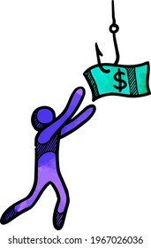 Watercolor style man chasing dollar bait icon