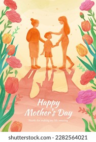 Watercolor style mother's day poster. Illustrated grandma, son, and mother on light yellow background with flowers on both sides.