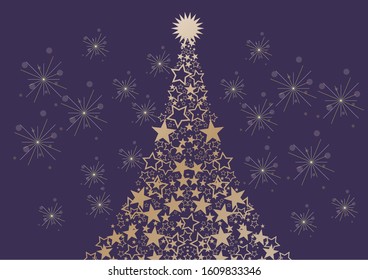 Watercolor style night sky and Christmas tree, glittering sparkle