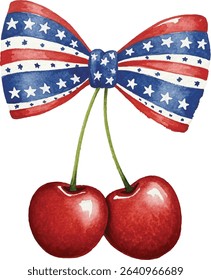 Watercolor Style Patriotic Bowtie with Cherry Fruit Illustration, Patriotic Coquette