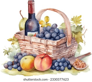 Watercolor style picnic basket with a bottle of wine and fruits