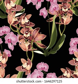 Watercolor style pink flowers and brown orchid seamless pattern. Decorative background in rustic boho style for wedding invite, fabric.