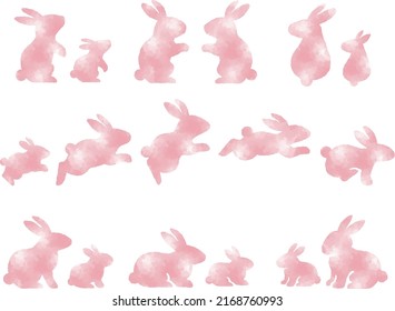 Watercolor style pink rabbit silhouette illustration set