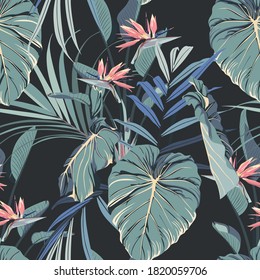 Watercolor style pink strelitzia flowers and blue palm leaves seamless pattern. Decorative background in rustic boohoo style for wedding invite, fabric.	