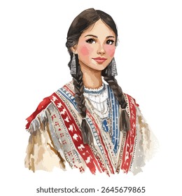 A watercolor style portrait of a woman with braided hair, wearing traditional clothing with red, white, and blue patterns and large earrings.