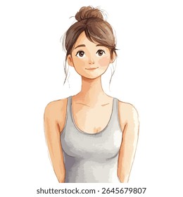 Watercolor style portrait of a young woman with brown hair styled in a topknot, wearing a gray tank top, facing forward.