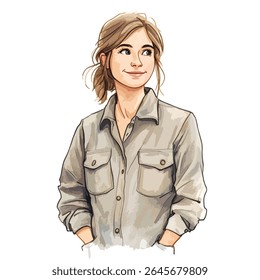 A watercolor style portrait of a young woman with brown hair, wearing a button-down shirt, looking off to the side with a slight smile.