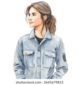 Watercolor style portrait of a young woman with brown hair in a ponytail, wearing a denim shirt, looking to the left.