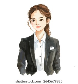 Retrato em aquarela de uma jovem mulher com cabelo castanho, vestindo uma camisa branca e um blazer preto, olhando diretamente para o espectador.