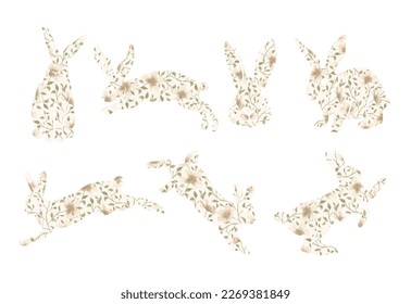 Watercolor style rabbit silhouette illustration set with spring blossom flowers