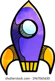 Watercolor style rocket icon hand drawn