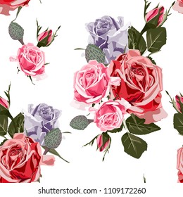 Watercolor style roses seamless pattern. Vintage wallpaper with rose hip set on white background. Floral texture for design, textile and background.