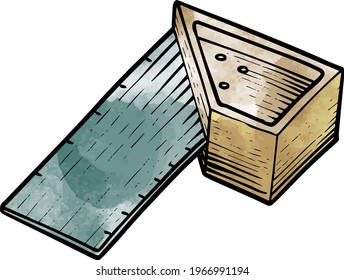 Watercolor style ruler in woodcut drawing woodworking tool