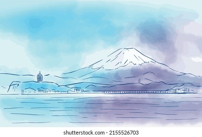 Watercolor style scenery of Mt. Fuji and Enoshima in Japan