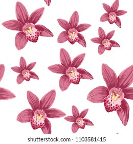 Watercolor style seamless pattern with pink orchid flowers.White background for your design and decor.