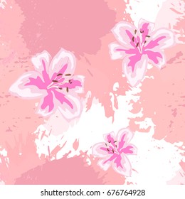 Watercolor style seamless pattern. Pink color and lily. Vector design 