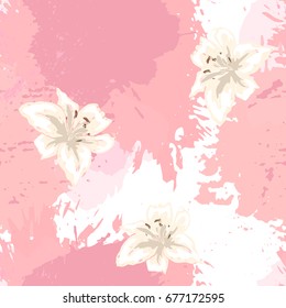 Watercolor style seamless pattern. Pink color and white lily. Vector design 