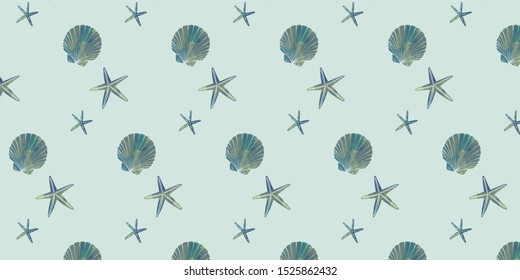 Watercolor style seashell pattern swatch blue