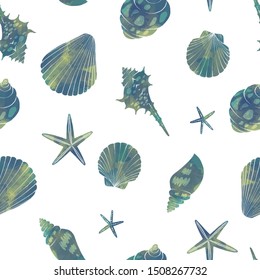 Watercolor style seashell seamless pattern swatch white