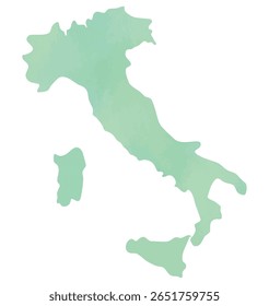 

Watercolor style silhouette map of Italy with Sardinia and Sicily, soft green fill illustration

