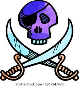 Watercolor style skull and swords icon vector illustration