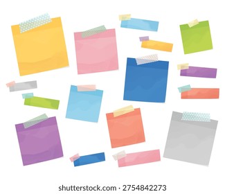 Watercolor style sticky notes with decorative masking tape. Soft pastel color variations including yellow, green, pink, blue, purple, orange, and gray create a casual stationery look. Ideal for scrapbook layouts, planners, digital notes, bulletin boards, presentations, and creative design elements.