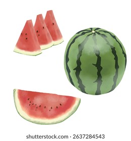 Watercolor style Striped watermelon whole and sliced